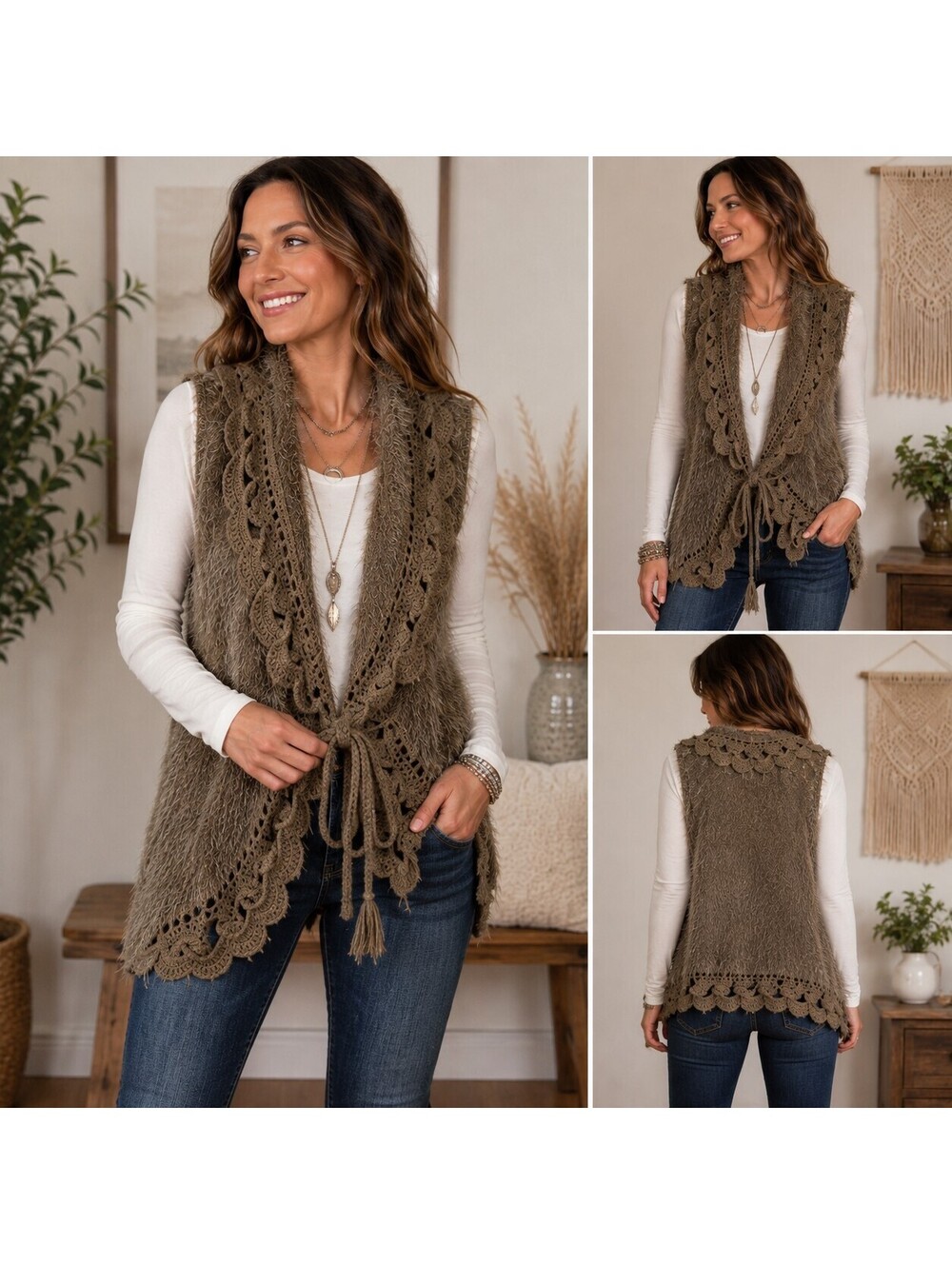 MONORENO Boho Eyelash Knit Vest M Draped Openwork Lagenlook Long Cardigan